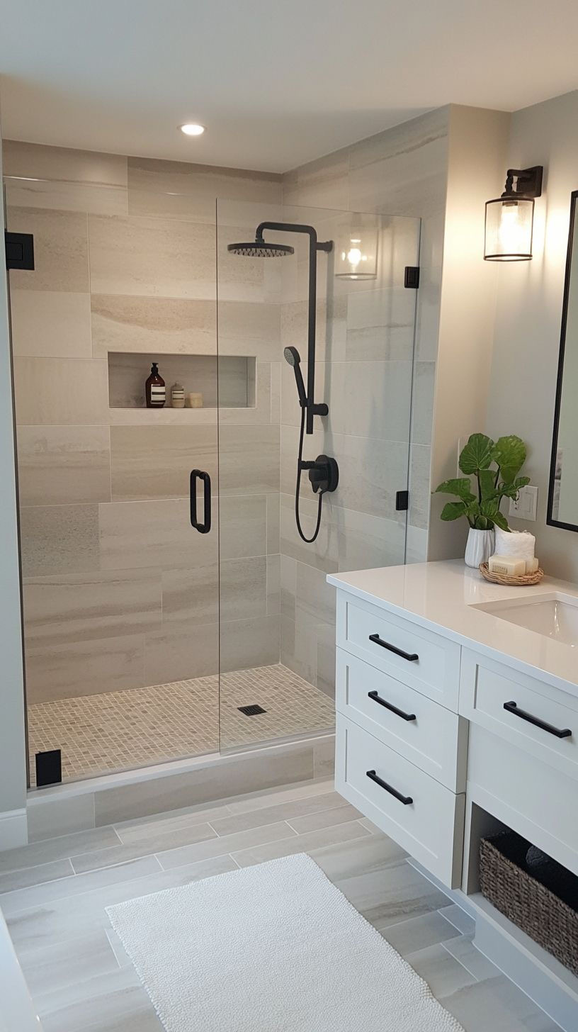Frameless glass shower with white vanity and matte black hardware - Los Angeles