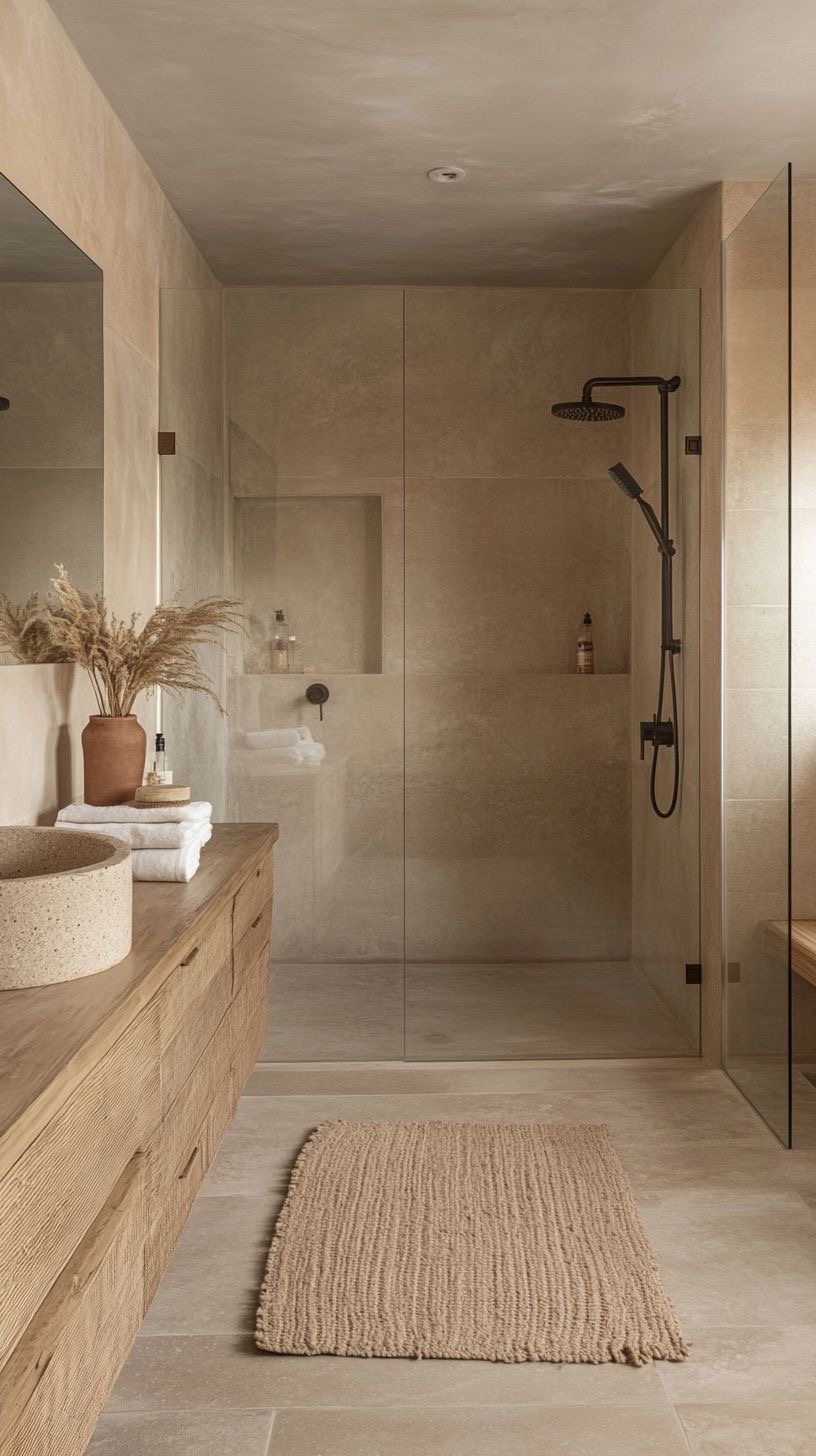 Bathroom with natural wood vanity and stone sink - Los Angeles