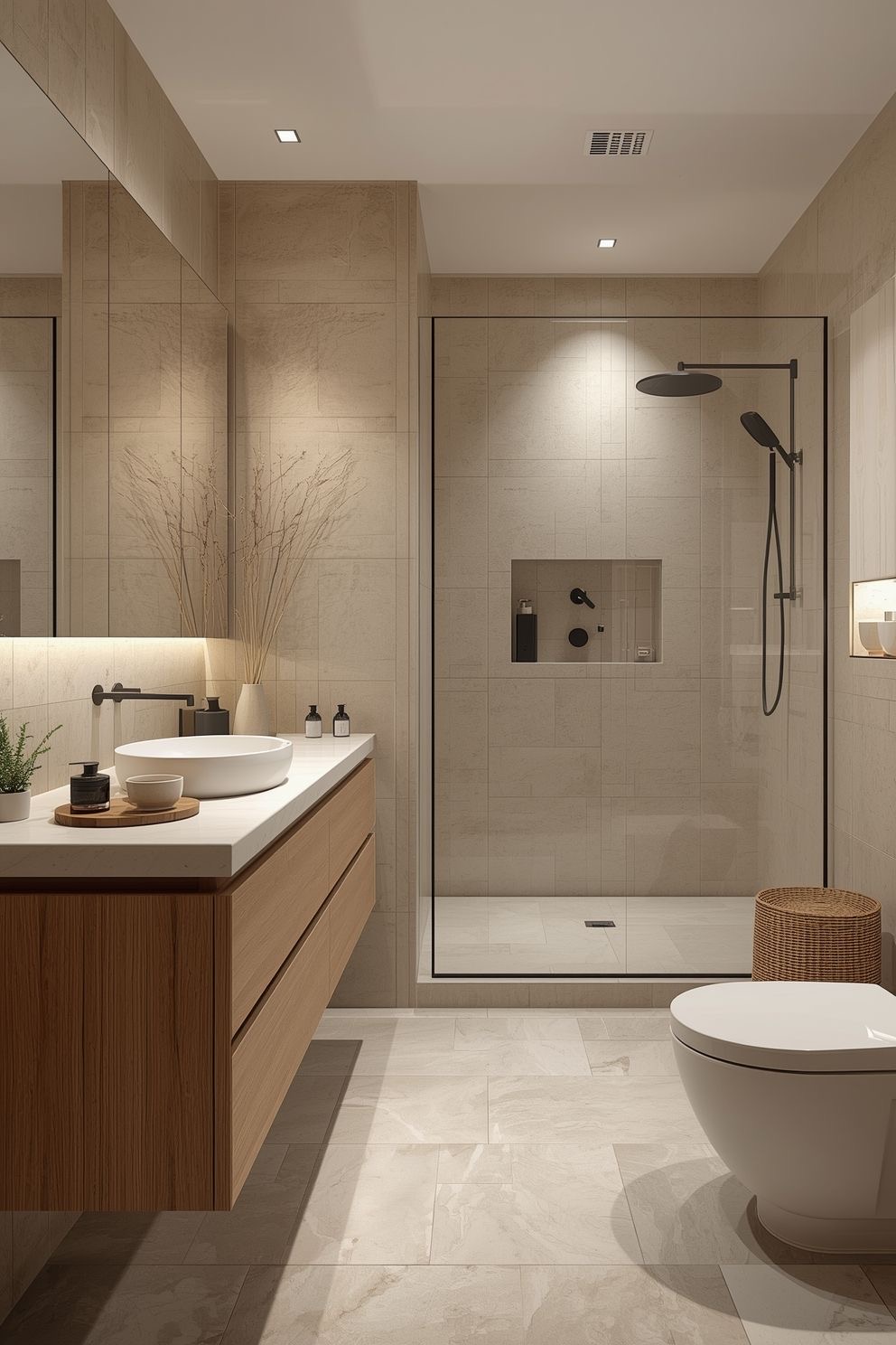 Modern bathroom with floating vanity and walk-in shower - Los Angeles